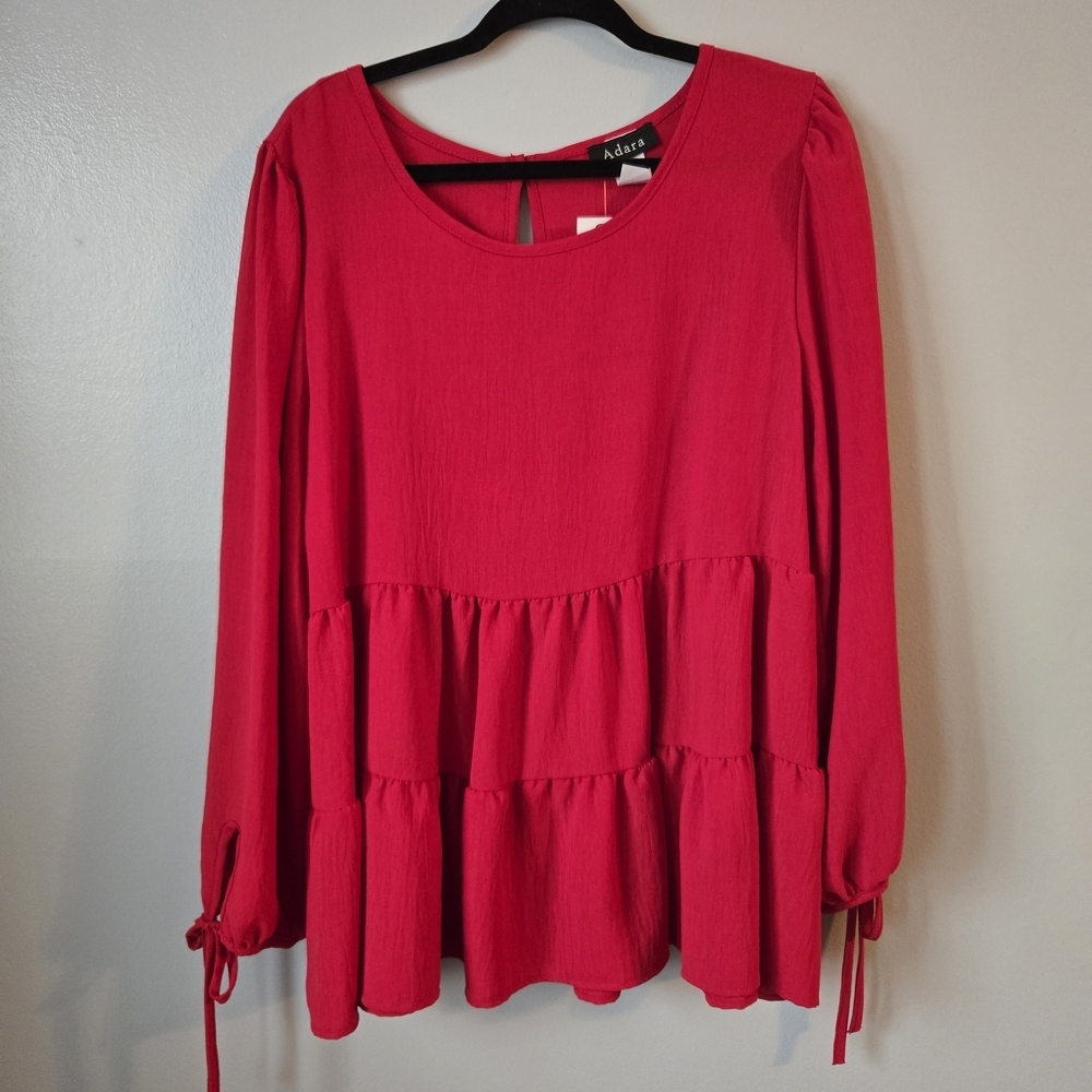 NWT Adara Red Tiered Babydoll Top Lightweight Long Sleeve Tunic Blouse Size 2X